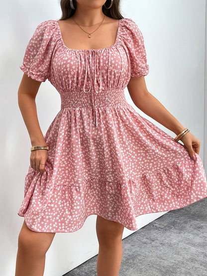 Plus Size - Plus Size - Midi Dress for a Bohemian Vacation in Plus Sizes - Featuring a Square Neckline, Short Puff Sleeves, Gathered Details, a Ruffled Hem, Made from with a Bit of Stretch, Perfect for Casual Weekends in Spring And Summer