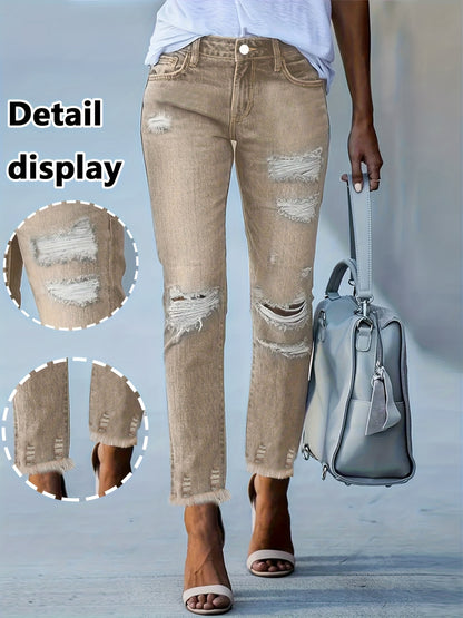 Plus Size Women's Blue Distressed Washed Denim Jeans | Multiple Rips & Destroyed Hem | Slim Fit, Unique Design | Versatile Stylish Style for All-Season Commuting