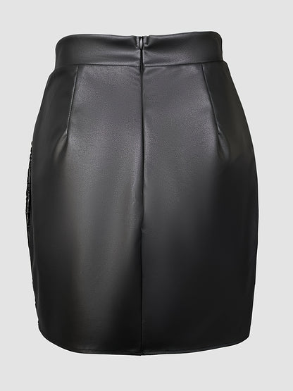 PU Leather Hollow-out Pattern Zipper Back Bodycon Skirt