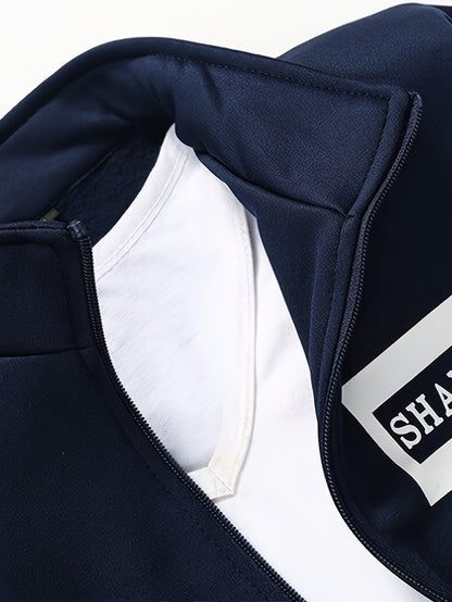 Men'S Navy Blue Tracksuit Set for Spring And Autumn - Zip-Up Jacket with 'SPORT' Print And Joggers, Made of 100%, Non-Stretch Material, Featuring Pockets
