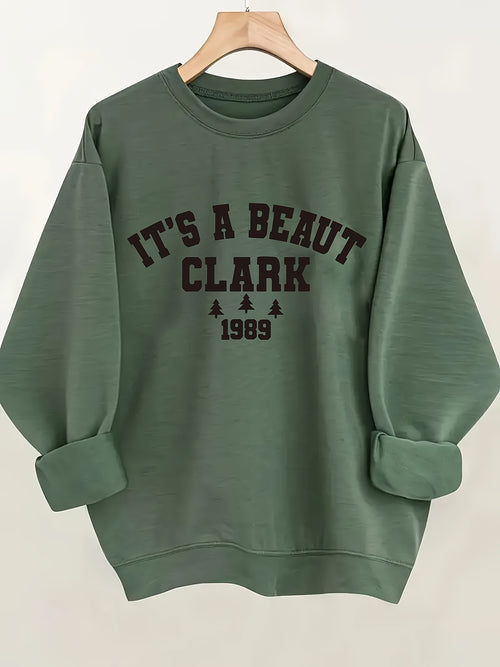 Women's Christmas Pattern Sweatshirt- Bright Red Casual Pullover, Beautiful Clark Feng Print, Crew Neck, Machine Washable, Autumn Winter Gear, Sports Style Clothing, Comfortable Fabric, Long Sleeve Top, Team Supporter Style