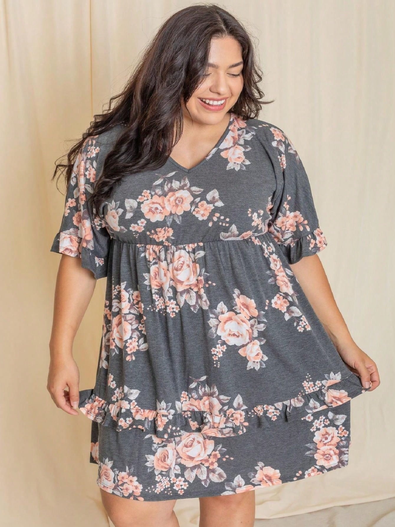 Vintage Boho Navy Pink Yellow White Charcoal Floral Ruffle flutter Trim Midi Dress S-3X