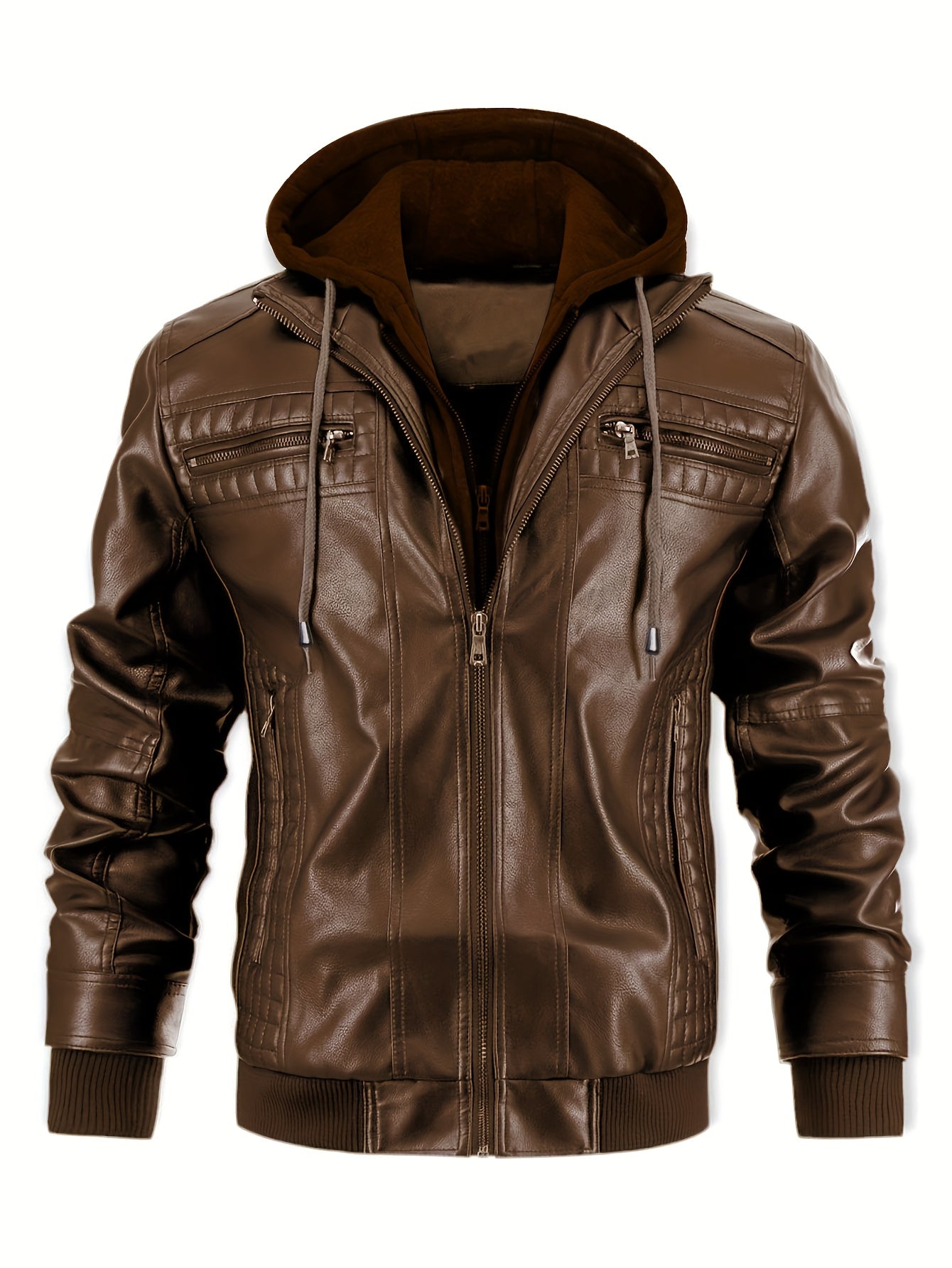 Men's Casual Stand Collar PU PU Leather Zip-Up Motorcycle Bomber Jacket with A Removable Hood ( Belt Included)