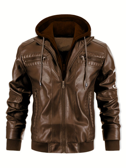 Men's Casual Stand Collar PU PU Leather Zip-Up Motorcycle Bomber Jacket with A Removable Hood ( Belt Included)