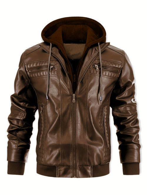 Men's Casual Stand Collar PU PU Leather Zip-Up Motorcycle Bomber Jacket with A Removable Hood ( Belt Included)