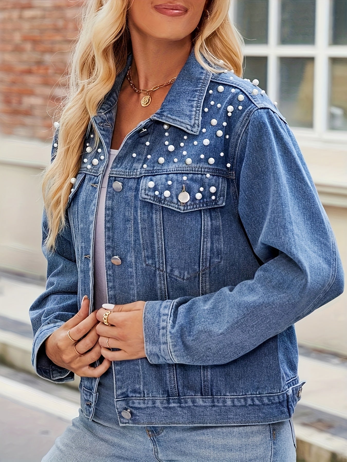 [Pearl Beaded Denim] Women's Denim Jacket, Pearl Beaded, Front Button, Blue Wash Denim, Suitable for Casual, Party, Etc., Party Coat | Pearl Embellished Denim