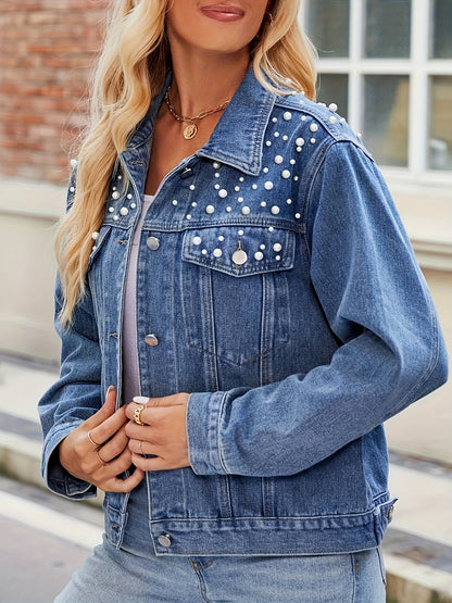 [Pearl Beaded Denim] Women's Denim Jacket, Pearl Beaded, Front Button, Blue Wash Denim, Suitable for Casual, Party, Etc., Party Coat | Pearl Embellished Denim