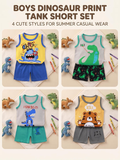 4 Sets Of 8pcs, Boy Cartoon Tiger Dinosaur Shark Pattern, Vest Shorts Suit, Comfortable To Wear, Soft, Breathable, Suitable For Summer Outdoor Sports, To Give The Baby The Most Comfortable Experience, for Outdoor