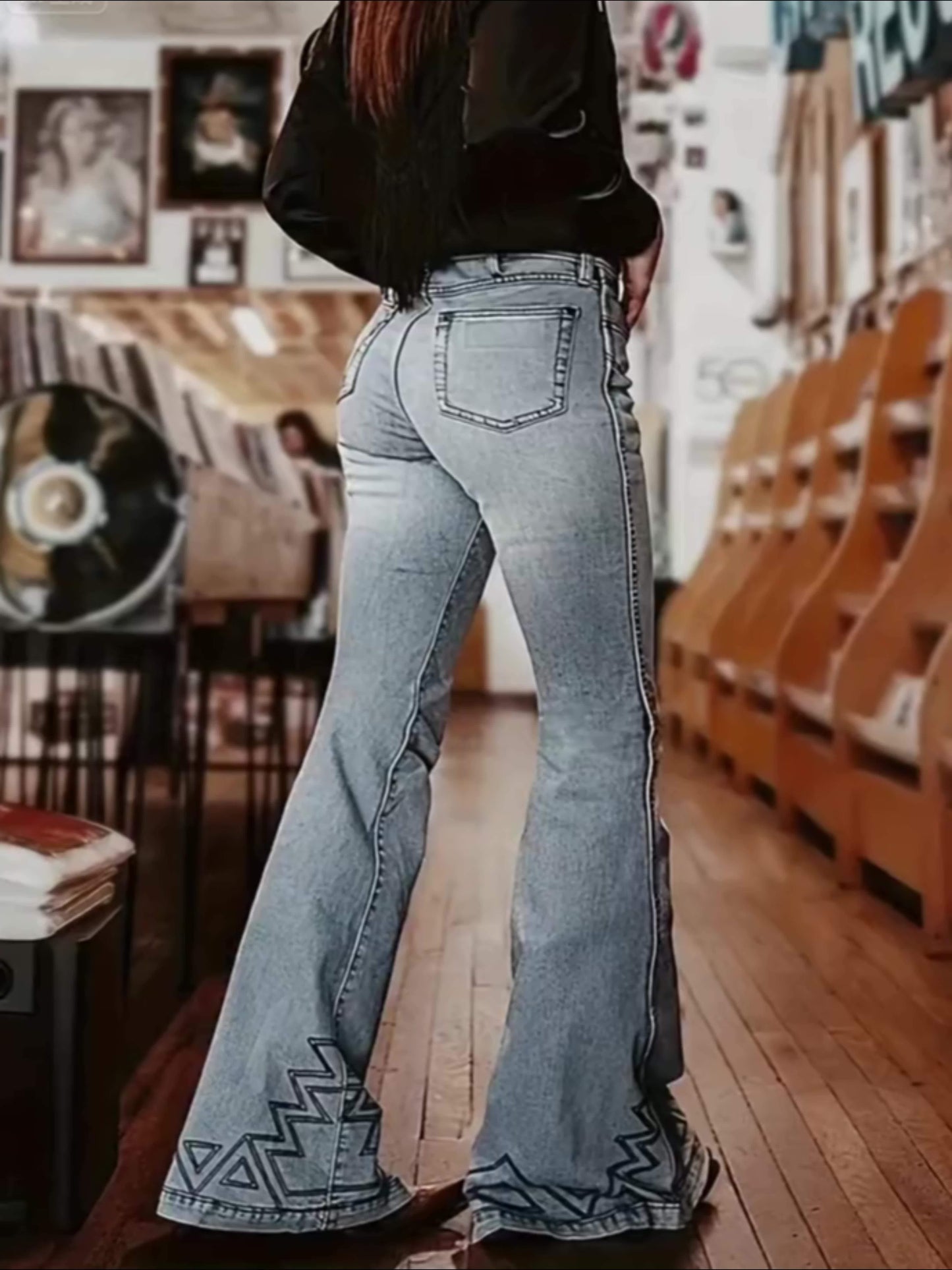 High-Waisted Flare Jeans with Geometric Hem Design, Light Blue Denim, Western Style