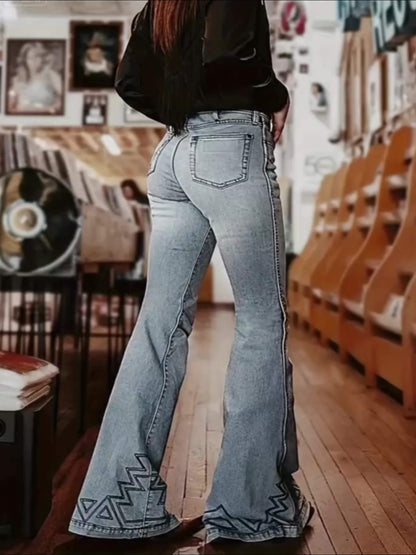 High-Waisted Flare Jeans with Geometric Hem Design, Light Blue Denim, Western Style