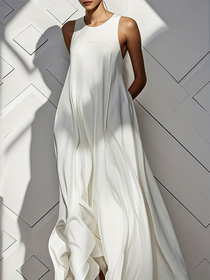 Women'S Long Dress, Summer Sleeveless Pocket Solid Skirt, Flared Ruffled Cutout Round Neck Loose Casual Vacation Fashion Everyday Pleated Maxi Dress