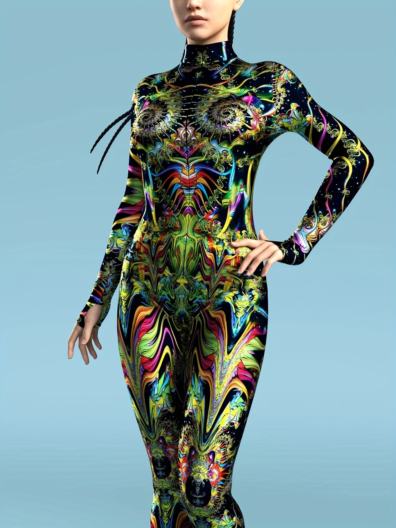 Stretchy Spandex Psychedelic Fractal Print Bodysuit for Women - High-Neck, Long Sleeve, Costume for Halloween & Cosplay Parties
