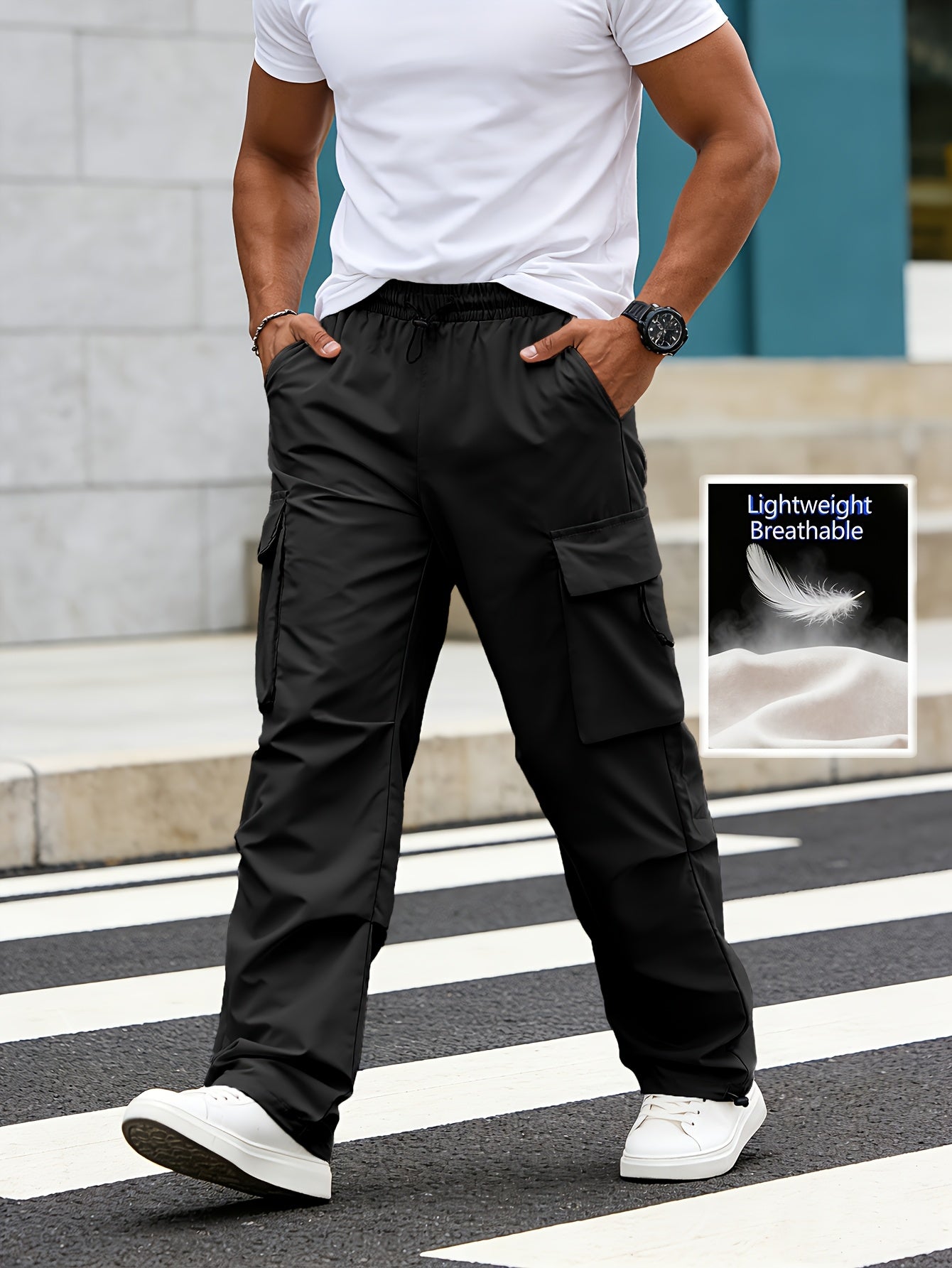 Lightweight Breathable Cargo Trousers for Men, Featuring an Elastic Waistband with a Drawstring, Loose Wide Legs, Multiple Pockets, And Quick-Dry Fabric, Ideal for Outdoor Hiking, Streetwear, Everyday Use, And All-Season Fashion