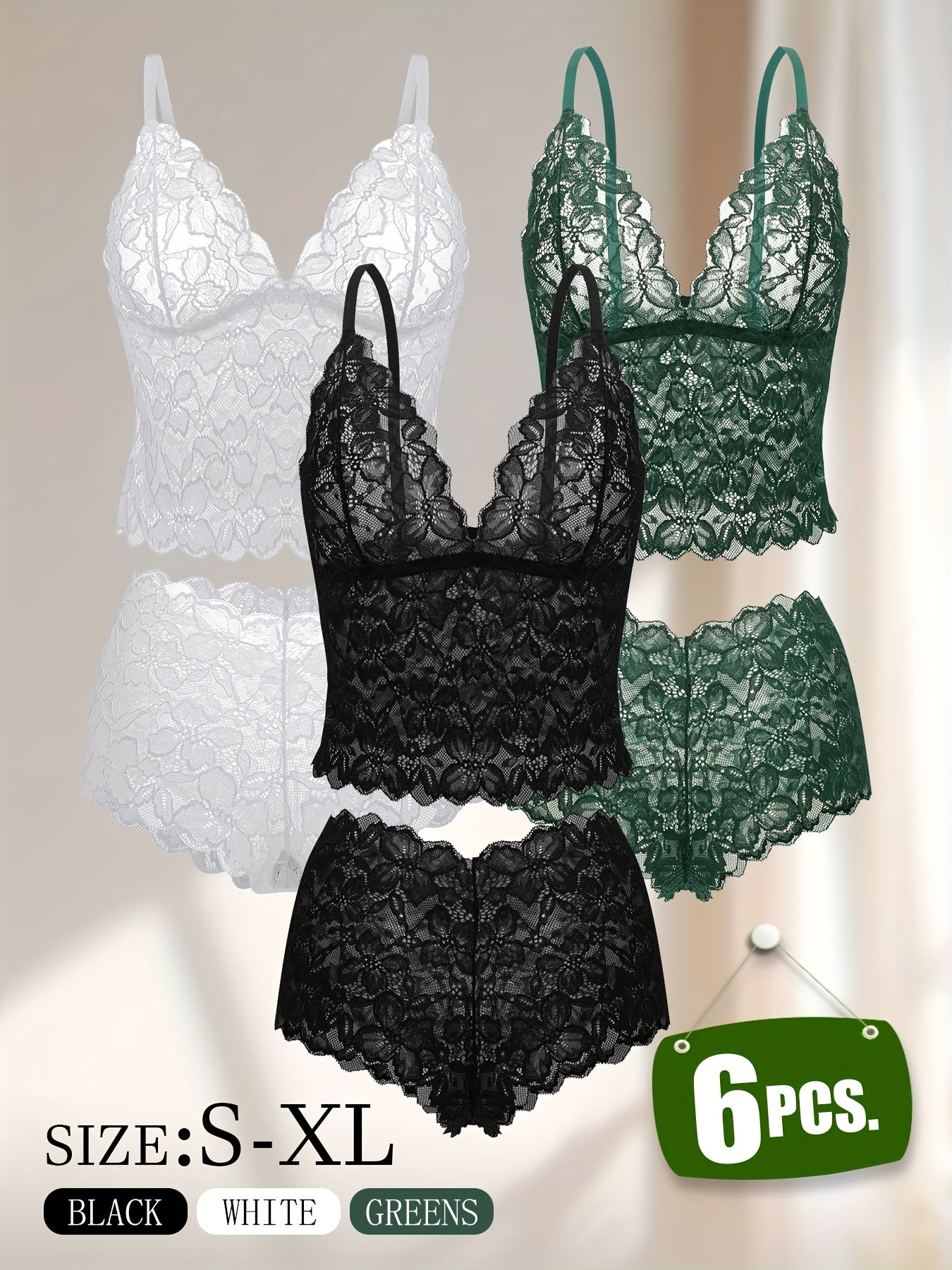 6pcs Women's Sexy Transparent Floral Lace Pajama Lingerie Set High Waisted Pajamas Breathable Sexy Erotic Bra And Panties Six Piece Pajama Set, All The Romantic Style!,