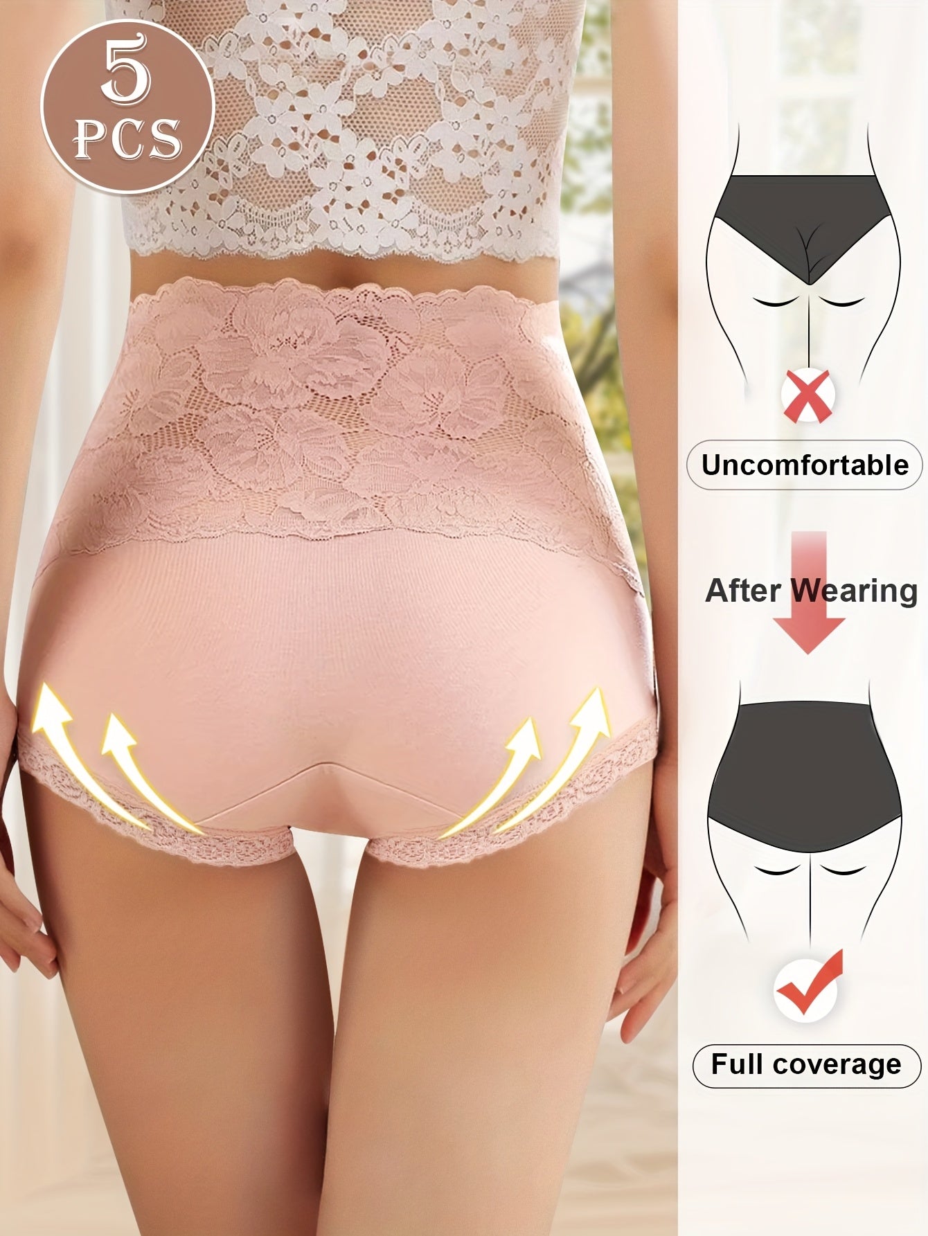 5pcs Women's High Waist Briefs, Lace Trim, Sexy & Elegant, Light Tummy Control, Comfortable Daily Triangle Underwear