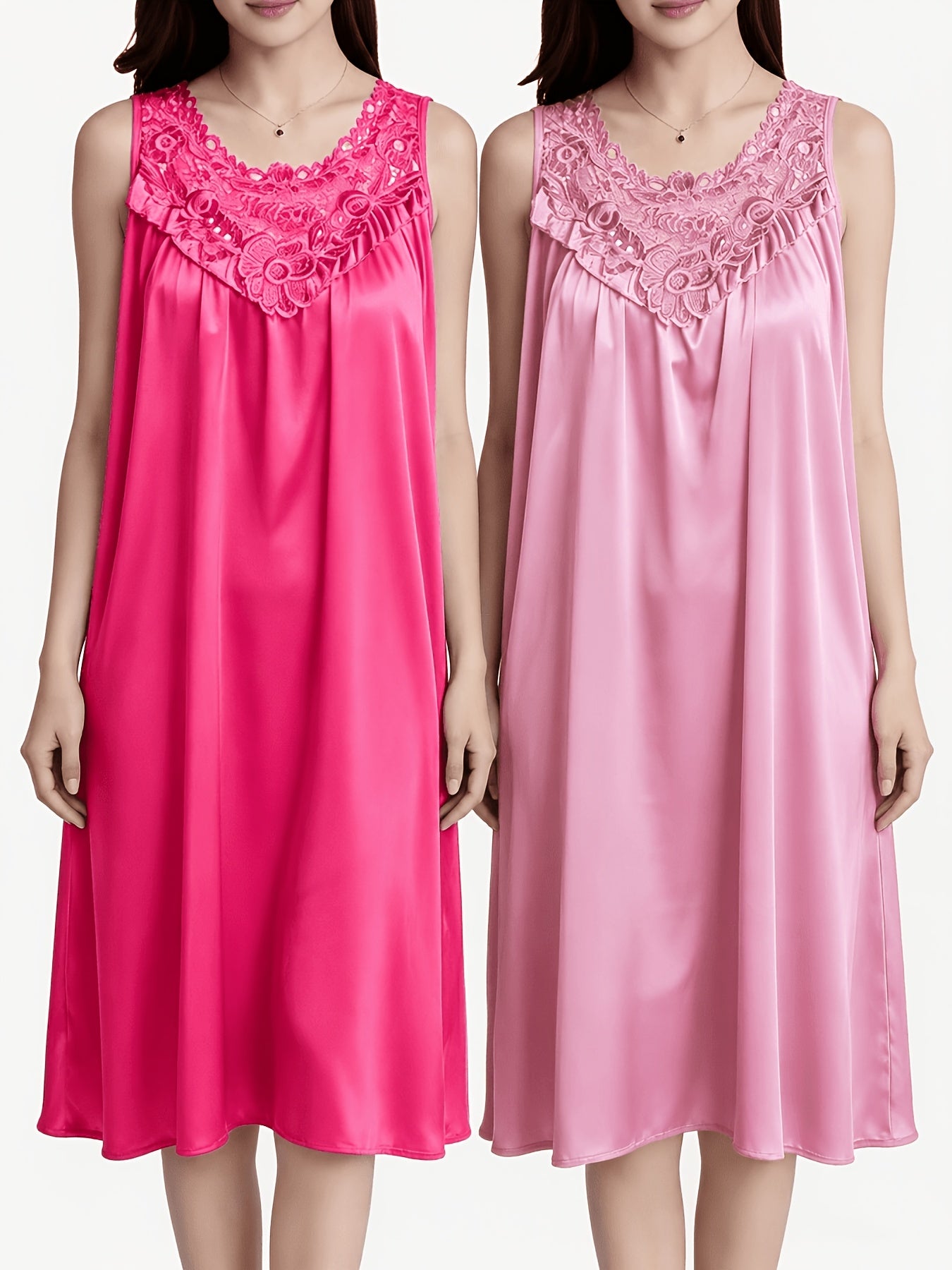 2pcs of Women'S Elegant Lace Pajamas - Smooth Satin Fabric, Purple And Blue, Sleeveless Round Neck Nightgown, Exquisite Floral Lace Details, Light And Comfortable in Summer