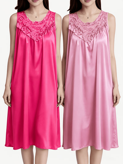 2pcs of Women'S Elegant Lace Pajamas - Smooth Satin Fabric, Purple And Blue, Sleeveless Round Neck Nightgown, Exquisite Floral Lace Details, Light And Comfortable in Summer