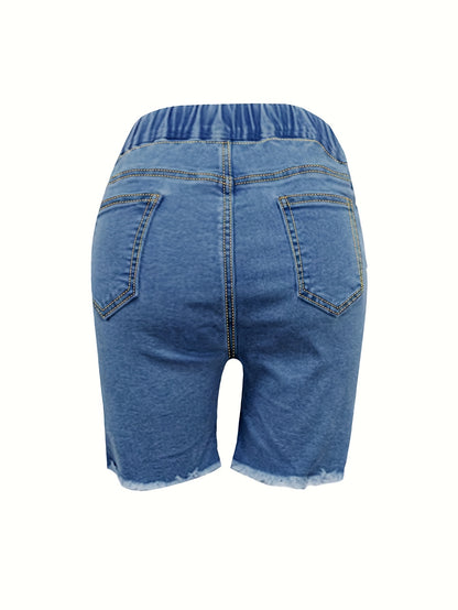 Ladies' Fashionable Ripped Denim Shorts, Mid Waist Straight Leg Pants, Waist Drawstring Design, Frayed Edges with Pockets, Summer Casual Wear