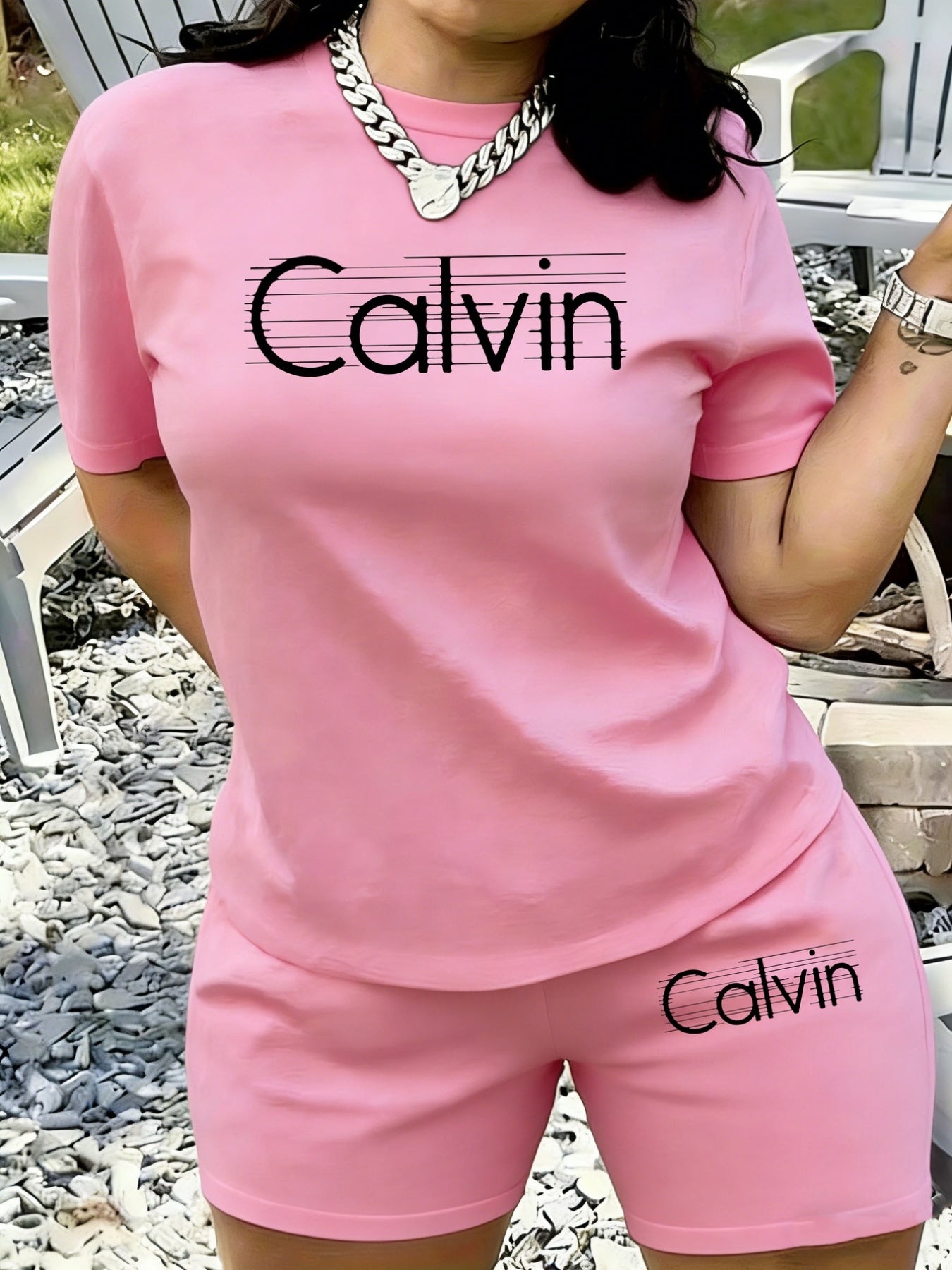 2pcsCalvin, CalvinWomen's Summer Fashion Versatile Cool Print Round Neck Short Sleeve Short Pants with Pockets Casual Set