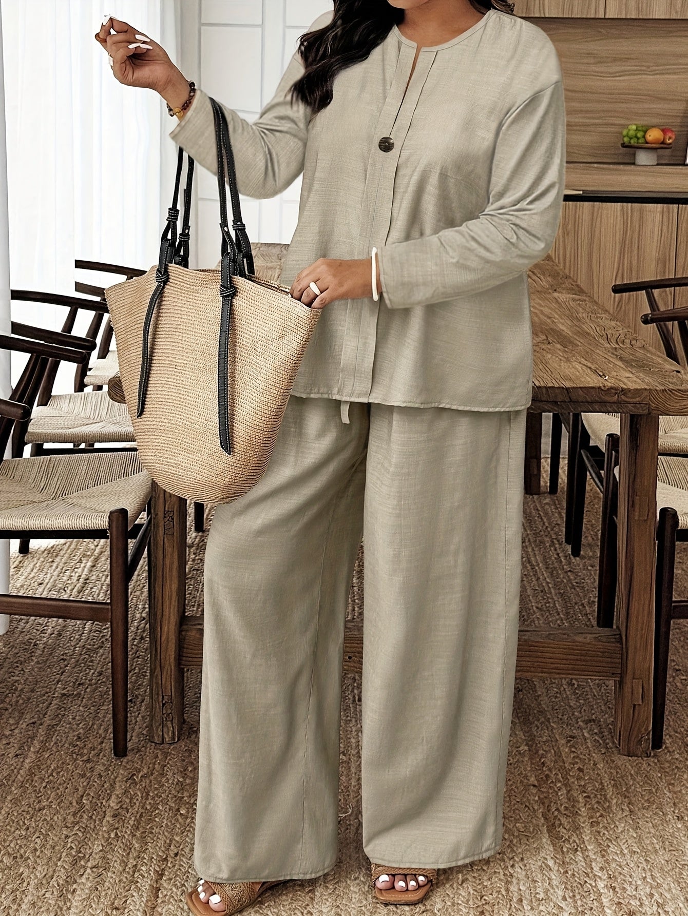 Plus Size, Autumn And Winter New Style, Plus Size Women's Casual Long-sleeved Shirt And Loose Pants 2pcs Set