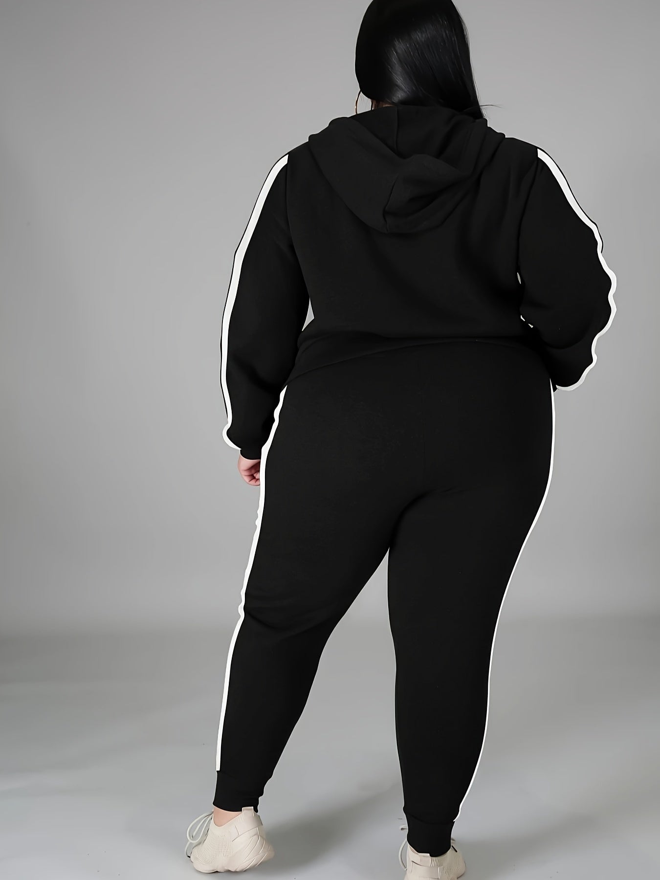 Women's Plus Size Tracksuit Set - Long Sleeve Hooded Loungewear and Sweatsuit Sets with Pockets, Polyester and Elastane