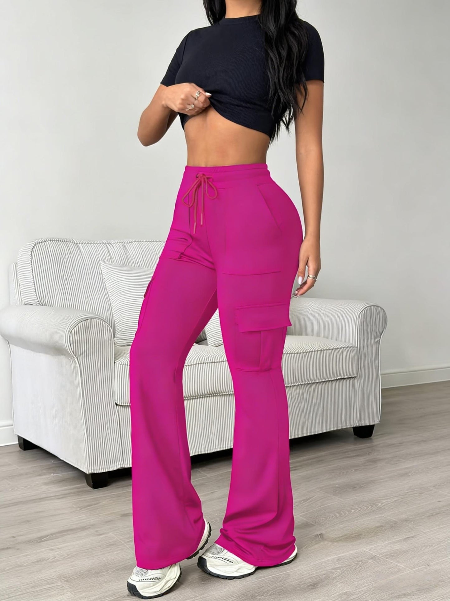 Women'S Solid Color Casual Drawstring Wide-Leg Sweatpants With Pockets, Elastic Waist Micro Flare Cargo Pants, Stretchy Pants For Daily Casual & Wear