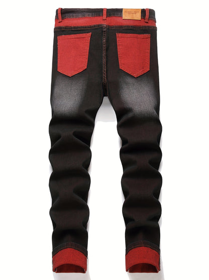 Ripped Jeans for Men Stretch Slim Fit Red Demin