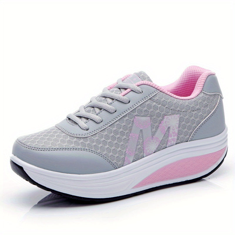 1 Pair Women'S Stylish Wedge Sneakers with Breathable Mesh & PU Cover Upper, Vibrant Pink Letter "M" Floral Print & Accent - Comfortable Lace-Up Low-Top Platform Shoes with Arch Support, Cushioned Insole & Non-Slip Rubber Sole for Gym, Walking