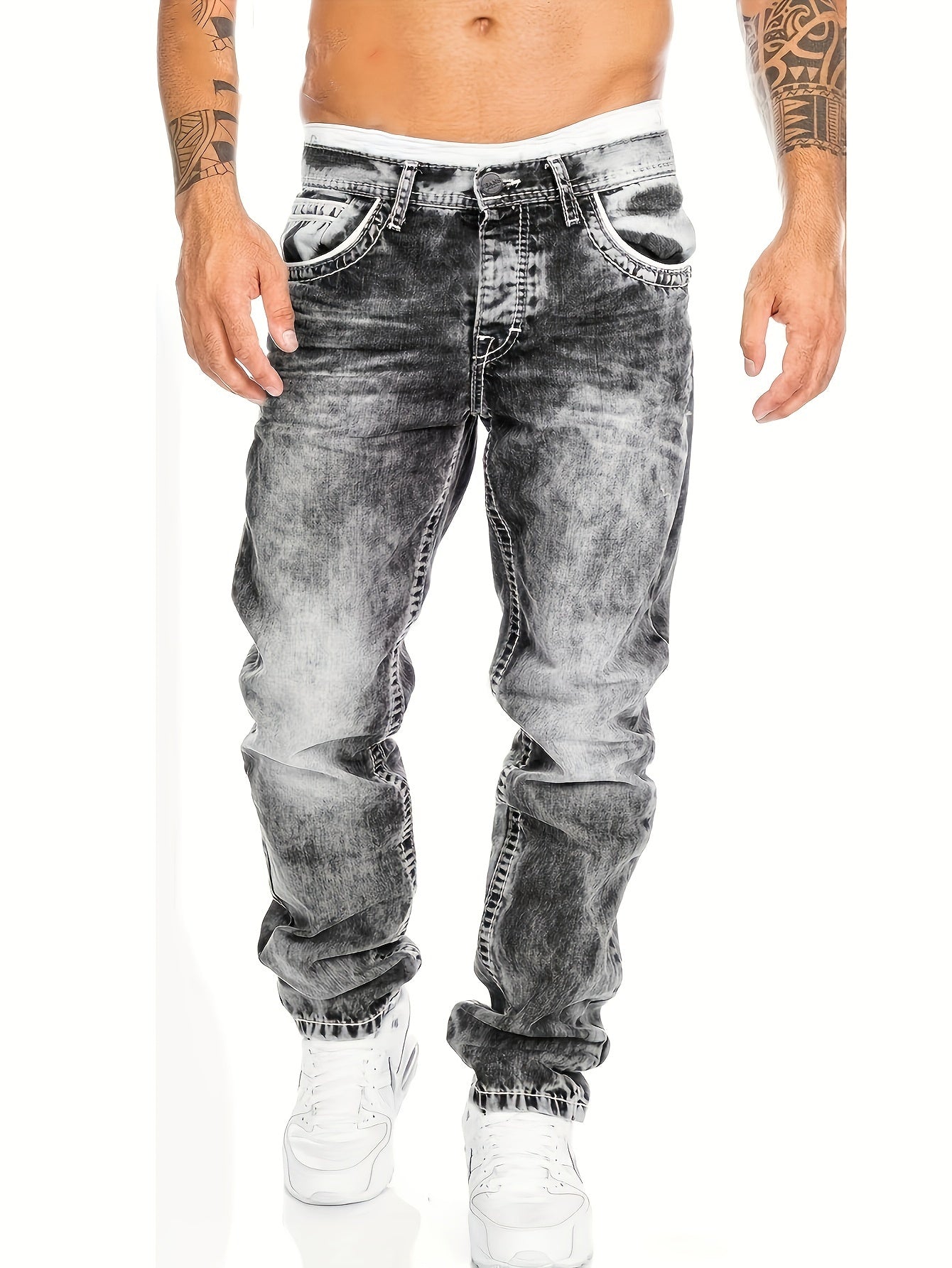 Men's Slim-Fit Straight-Leg Distressed American Snowflake Jeans - Vintage Wash Blue Denim Pants with Snowflake Pattern, Streetwear Style All-Season Casual Wear, Durable Fabric & Hand Washable