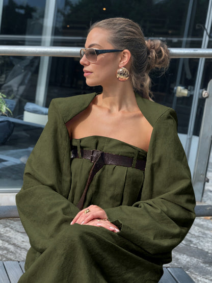 Alofi Women'S Stylish Jumpsuit Set Collarless Long Sleeve Outerwear And Strapless Wide Leg Jumpsuits Summer Loose Fit Suit