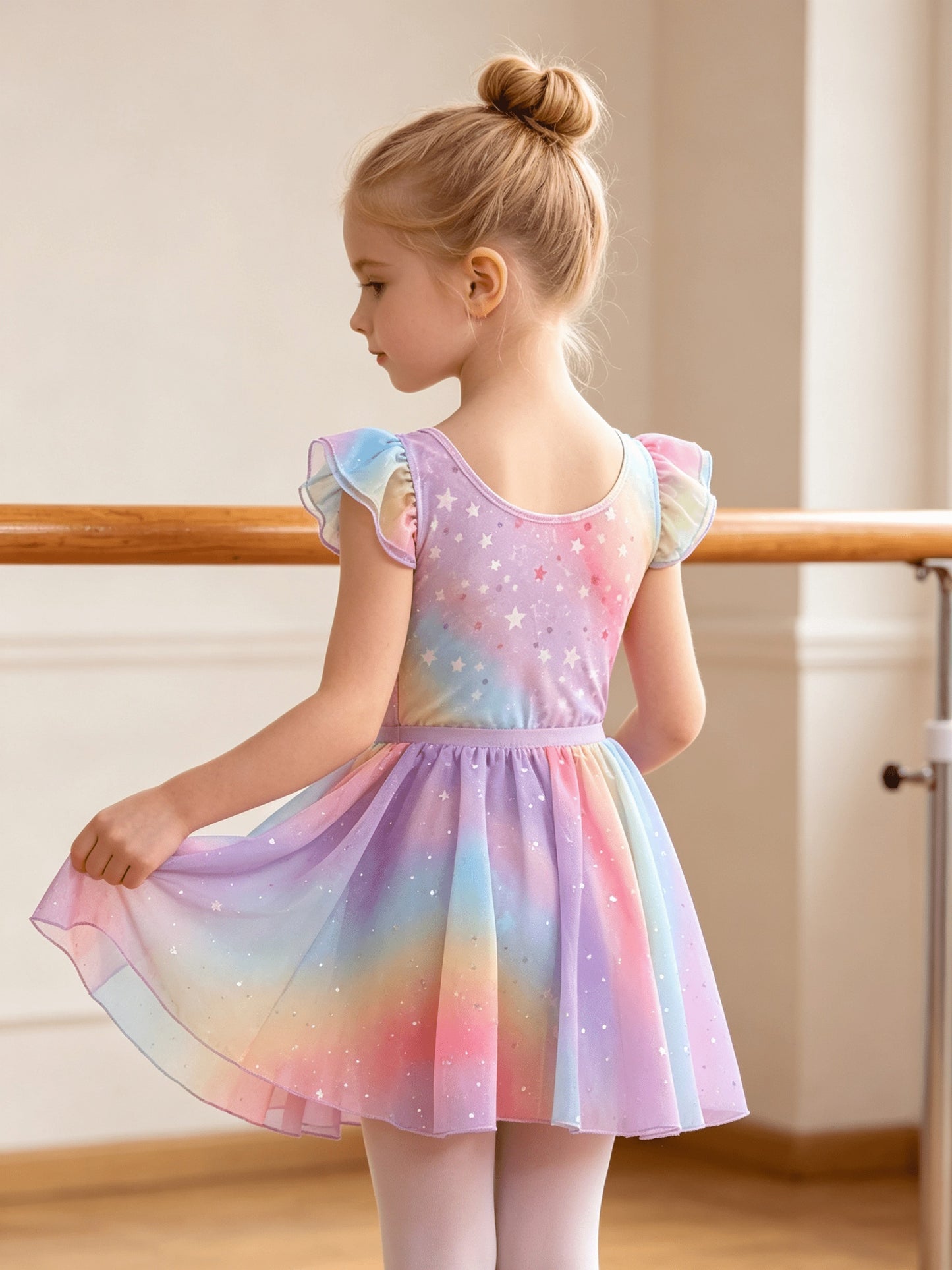 Summer New Kids' Dress, 1pc Of Gym Uniform, 1pc Of Skirt Set, Girls' Clothing Rainbow Flutter Sleeve Sequin Chiffon Dress Set, Children's Clothing Ballet Leotard, Perfect for Outdoor