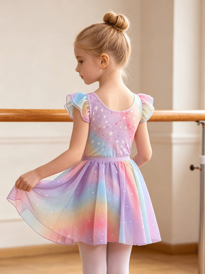 Summer New Kids' Dress, 1pc Of Gym Uniform, 1pc Of Skirt Set, Girls' Clothing Rainbow Flutter Sleeve Sequin Chiffon Dress Set, Children's Clothing Ballet Leotard, Perfect for Outdoor