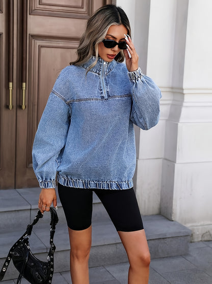 25AW Loose And Casual Denim Jacket for Women, with Dropped Shoulder Design And A Half Zipper. Pullover Denim Sweatshirt, Suitable for Spring And Autumn.