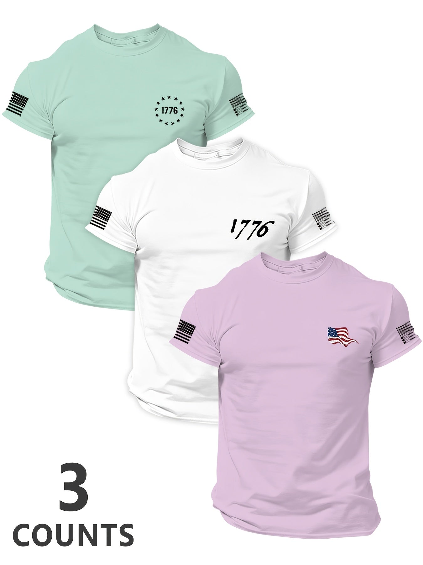 Men'S 3pcs 4Th of July American Patriotic Flag Eagle Short Sleeve T-Shirt Set, All-Black Vintage Print Design, 250 American Celebration Items-Inspired, Featuring 1776 Betsy Ross Flag, Declaration of Independence, Bald Eagle & American Flag Elements