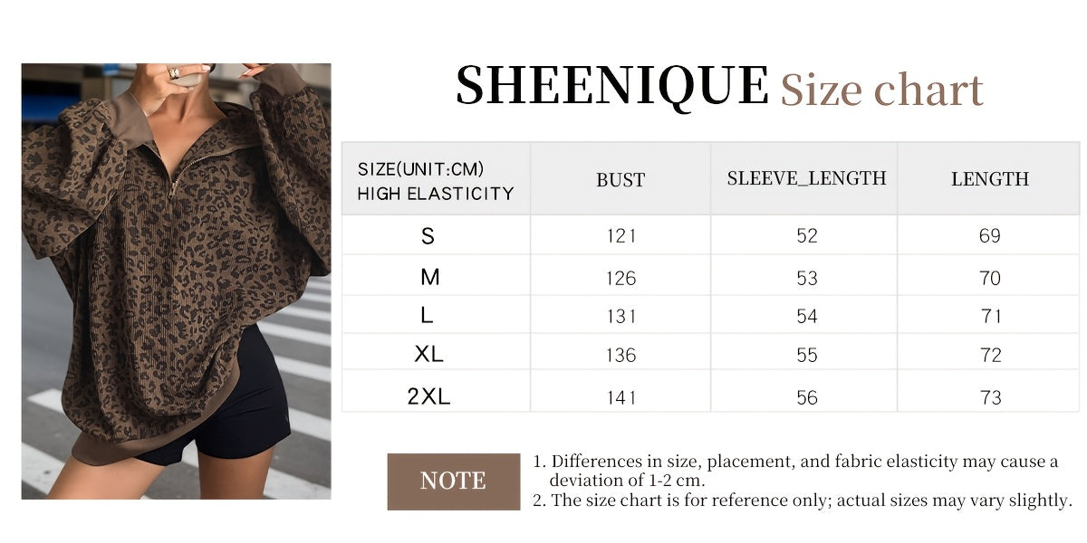 Women's Casual Leopard Print Zip-Up Long Sleeve Sweatshirt - Loose Fit, Half-Zip Design, Brown & Black Retro Style, Cozy Fall/Winter Wear, Leopard Print Sweater