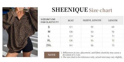 Women's Casual Leopard Print Zip-Up Long Sleeve Sweatshirt - Loose Fit, Half-Zip Design, Brown & Black Retro Style, Cozy Fall/Winter Wear, Leopard Print Sweater