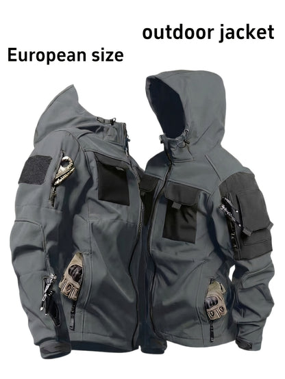 Men's Windproof Outdoor Jacket - Heavy-Duty Full-Zip Hooded Coat with Zippered Pockets, Scratch-Resistant Shell for Hiking, Camping, Hunting (Belt Included) Adjustable Hood -All-in-One Outdoor Shell Coat for Camping Essentials, Rugged Design, Durable