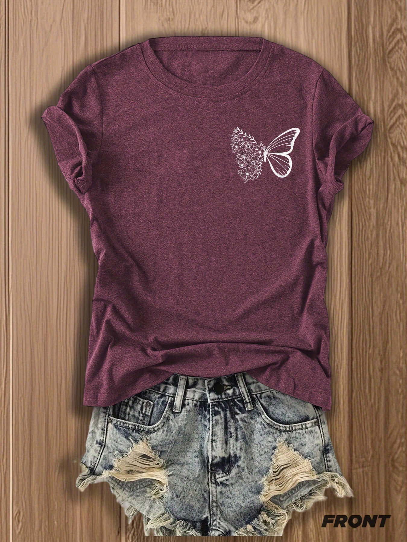 Butterfly Garden Double-Sided Print T-Shirt - Elegant And Whimsical Design, Suitable for Spring Wear, a Perfect Choice for Nature Lovers And Fashion Enthusiasts, Trendy Casual T-Shirt with Double-Sided Print Design