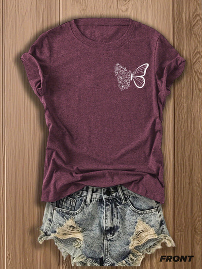 Butterfly Garden Double-Sided Print T-Shirt - Elegant And Whimsical Design, Suitable for Spring Wear, a Perfect Choice for Nature Lovers And Fashion Enthusiasts, Trendy Casual T-Shirt with Double-Sided Print Design