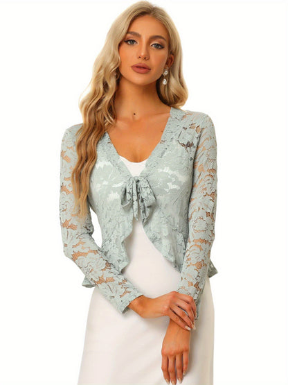 Women's Sheer Crop Bolero Cardigan - Semi-Sheer Lace Shrug with Ruffled Hem & Tie-Front Closure, Blouse for Sleeveless Dresses/Tank Tops (Machine Washable, Spring/Summer Wedding/Office/Cardigan) - 90% Nylon/10% Spandex