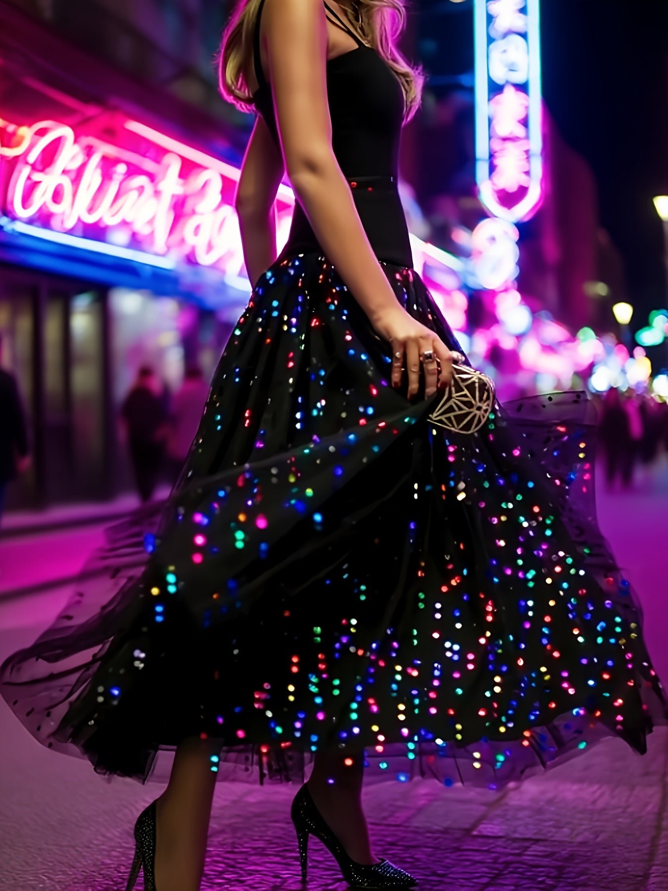 Plus Size, Women's Plus Size Sequin Tulle Midi Skirt, A-Line Sparkle Party Skirt with Colorful Sequins, Perfect for Night Out