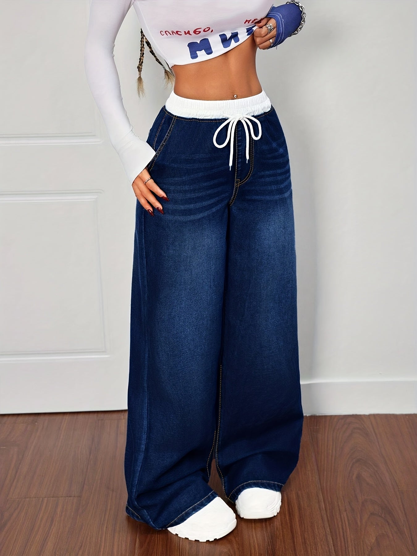 Women's Plus Size Blue Denim Pants - Whisker Details, Panel, Elastic Waist with Drawstring, Wide-Leg | High-Waisted, Slim-Fitting & Figure-Flattering | Retro Street & Casual Sporty Style | Versatile for All Seasons