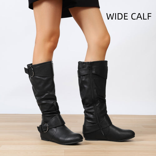 DREAM PAIRS Women's Wide Calf Knee High Boots, Fur-lined Low Hidden Wedge Boots