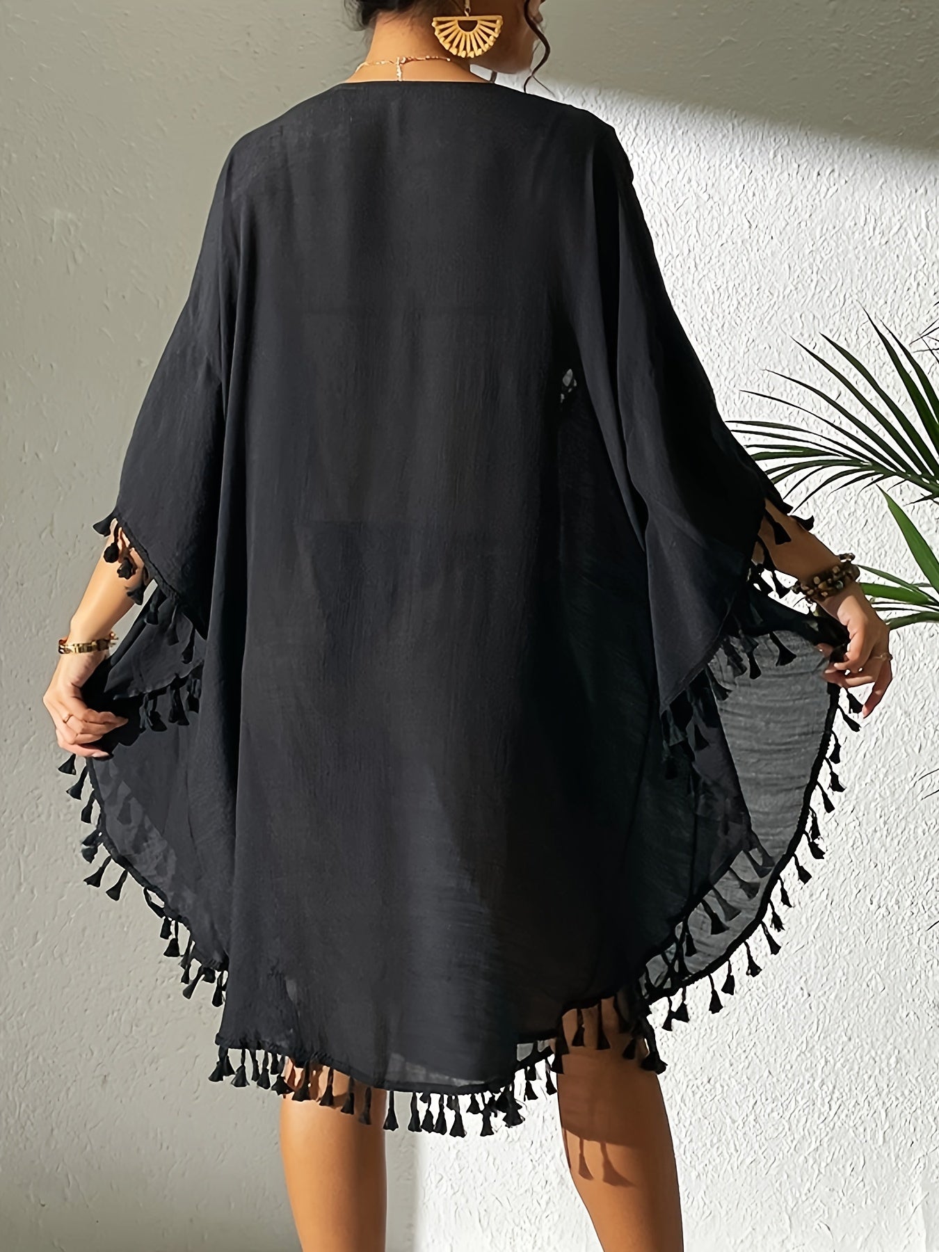 Women's Sexy Crochet Batwing Sleeve Tassel Hem Top - Black Hollow Out Design, Resort Wear Beach Cover-Up, Lightweight Polyester, Perfect for Spring & Summer