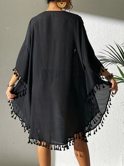 Women's Sexy Crochet Batwing Sleeve Tassel Hem Top - Black Hollow Out Design, Resort Wear Beach Cover-Up, Lightweight Polyester, Perfect for Spring & Summer