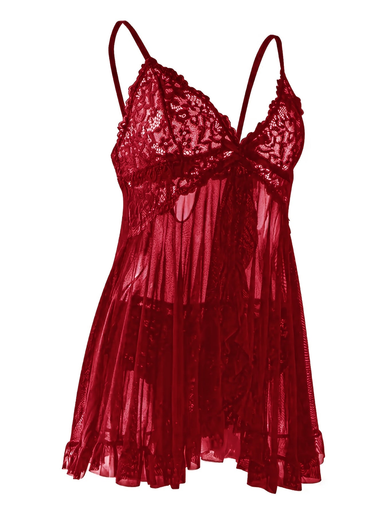 Big Size Sultry Valentine Lace Sleepwear Dress Set - Exquisite Lace, Flattering V-Neckline, Daring Backless Design, Delicate Ruffle Trim, Trendy Split Hem, Seductive Thong Detail, Ultra-Comfortable Fabric, Perfect For Romantic Night, Anniversary Gift