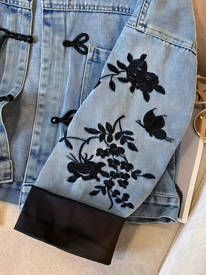 Chinese Style Jacket Women's Non-Stretch Denim Jacket - Vintage Chinese Knot Accent, Lightweight Spring/Fall Coat Non-Transparent Casual Outerwear, Transitional Weather Wear, Intricate Embroidery, Chinese New Year Clothes