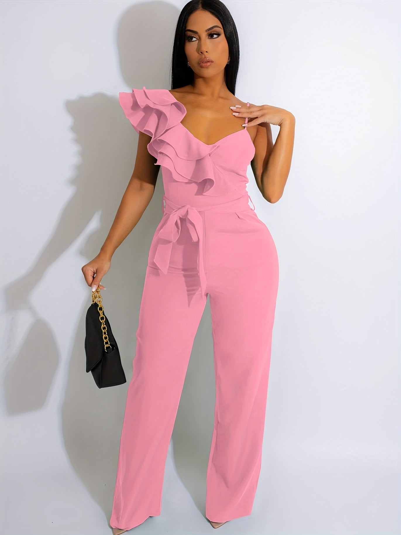 Womens Casual 1pc Jumpsuits V-Neck Sleeveless Ruffle Elegant Romper Wide Leg Pant Sexy Party Clubwear Overalls