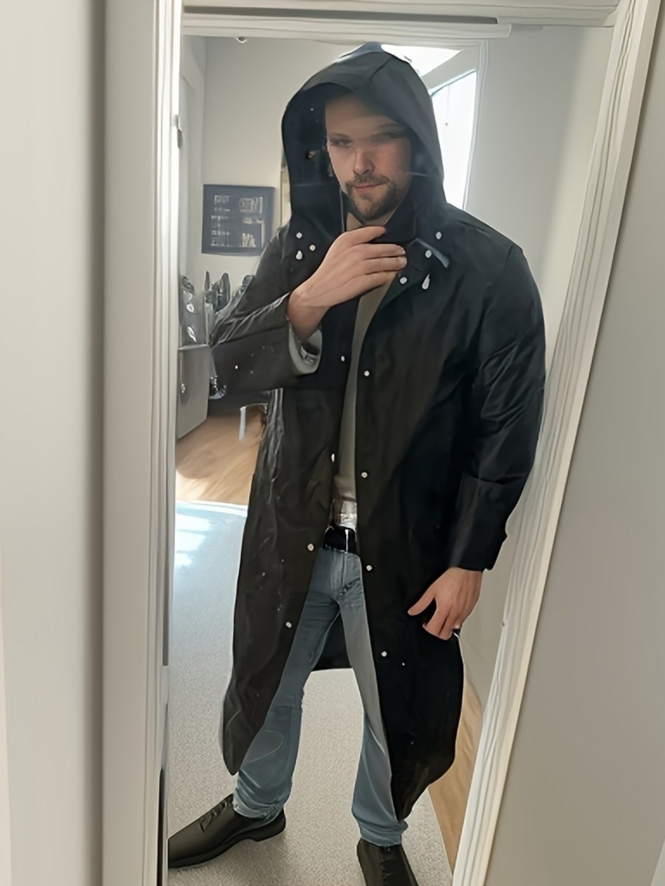 High Quality Hooded Raincoat for Men & Women - Adjustable Drawstring, Full-Length Coverage, Loose Fit Sporty Design for Cycling, Hiking, Fishing - Black, Cycling Gear | Minimalistic Style | Functional Drawstrings