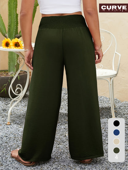 Plus Size, Chic High-Waisted Wide Leg Trousers | Plus-Size Military Green Casual Pants for Women - Spring, Summer And Autumn Comfort with Elastic